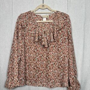 Vintage BONJOUR Women's Sz Large Floral Pattern Top Ruffle Collar Longsleeve (A)